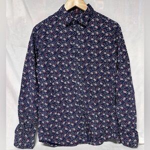 SIX LINCOLN Navy Blue Cotton Stylish Indie Floral Button Down Shirt Size Small